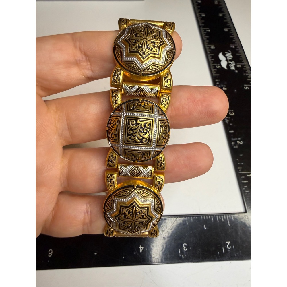 Spanish Damascene 24K Gold Inlay Link Bracelet Geometric Star Spain 7 Inch
